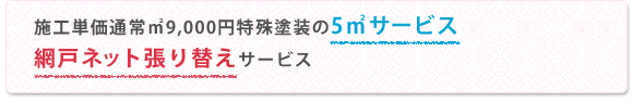 施工単価通常㎡9,000円特殊塗装の5㎡サービス・網戸ネット張り替えサービス